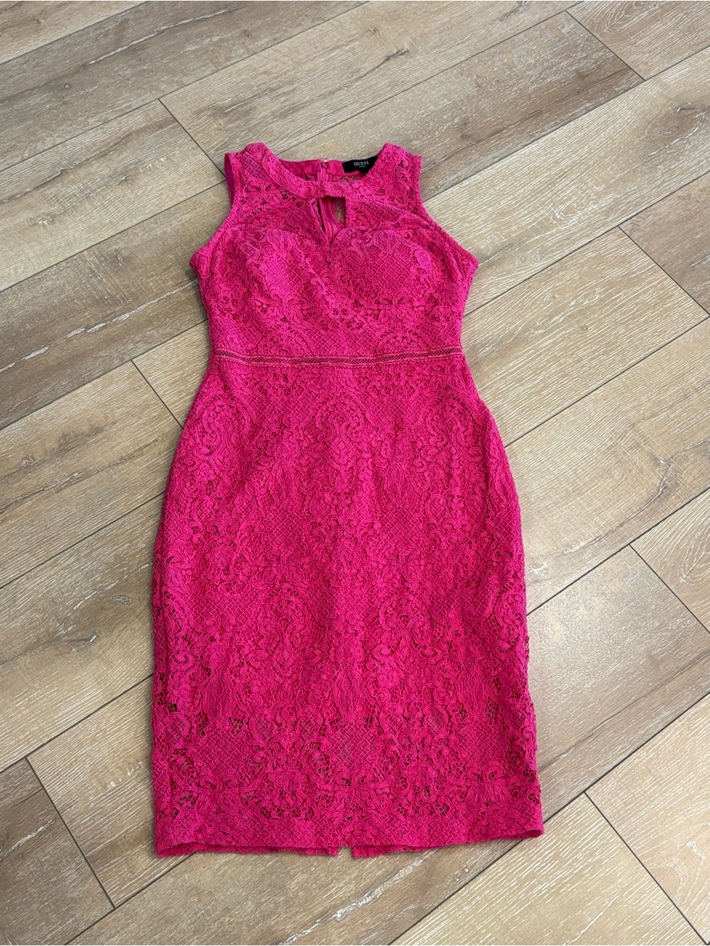 Guess Hot Pink Lace keyhole Bodycon Midi Dress Size 6 Cocktail - Picture 2 of 9